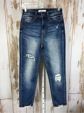 Willow & Root, The Mom Jean, Ankle Length Distressed Dark Wash Jeans. Size 26.